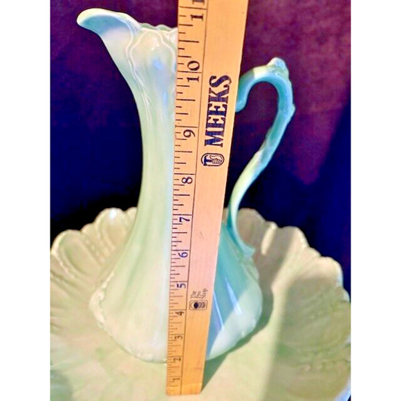 Victorian Style GREEN Ornate Ceramic Pitcher with Wash Basin Hand Painted - Picture 9 of 11
